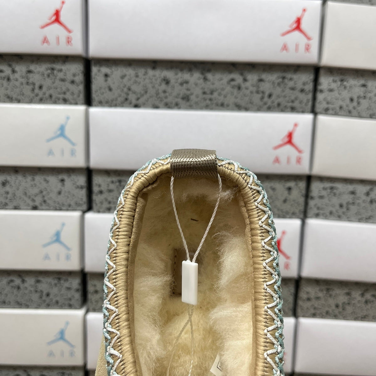 UGG Kallen Lace Platform Slipper – Suede Closed-Toe Mule with Shearling Lining, Blue & White Braided Collar Trim & Chunky Platform Sole in Sand