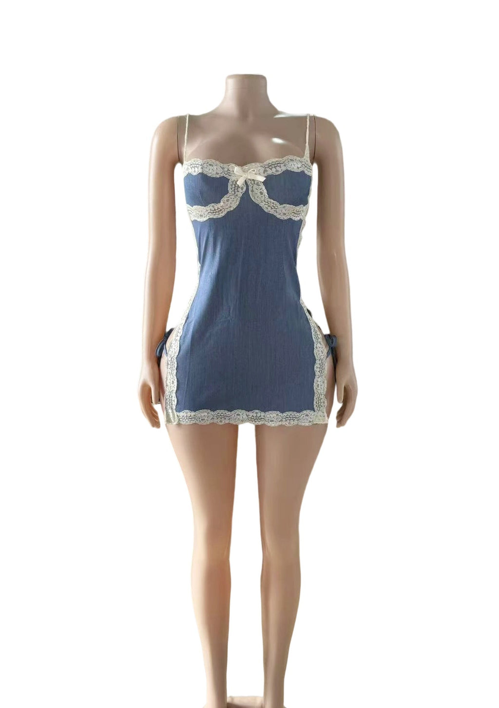 Lace-Trim Spaghetti-Strap Denim Bodycon Mini Dress Women