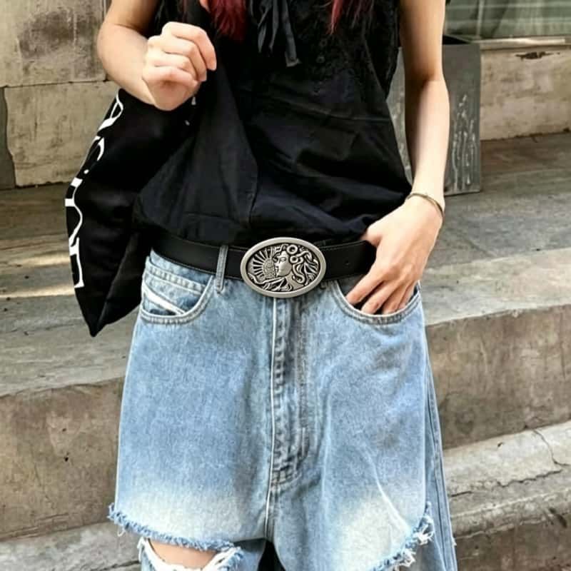 Leather Belt Medusa Portrait Vintage Metal Buckle Waist Belt