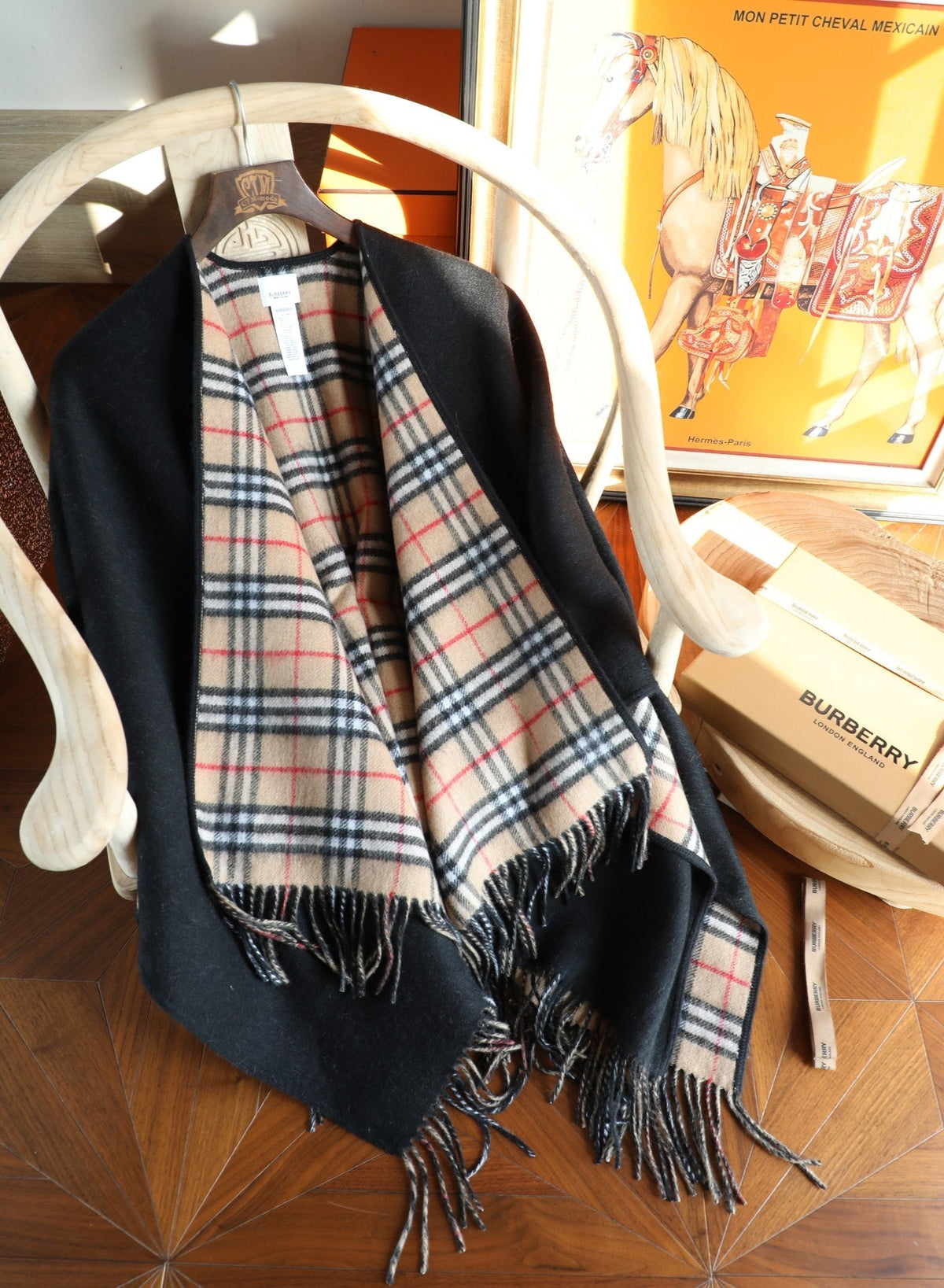 Burberry Style Reversible Plaid Cape Scarf