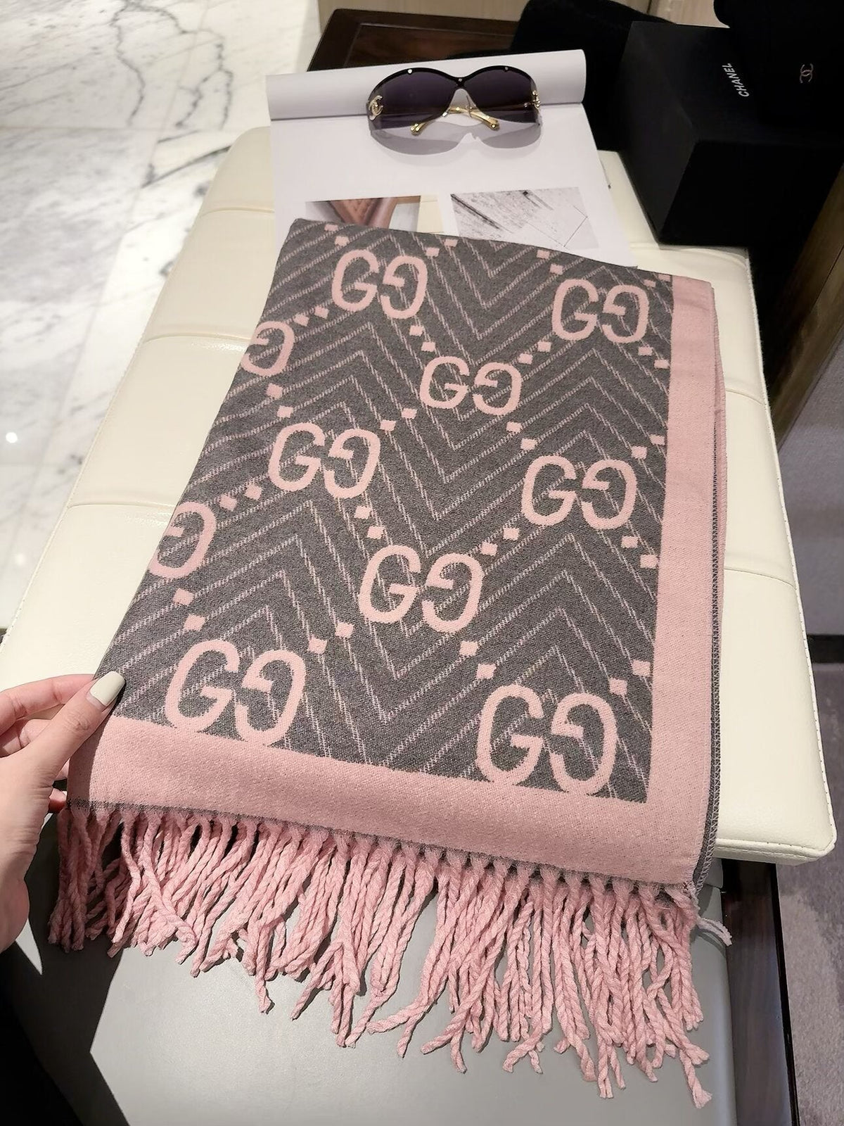 Gucci Style GG Herringbone Fringe Scarf