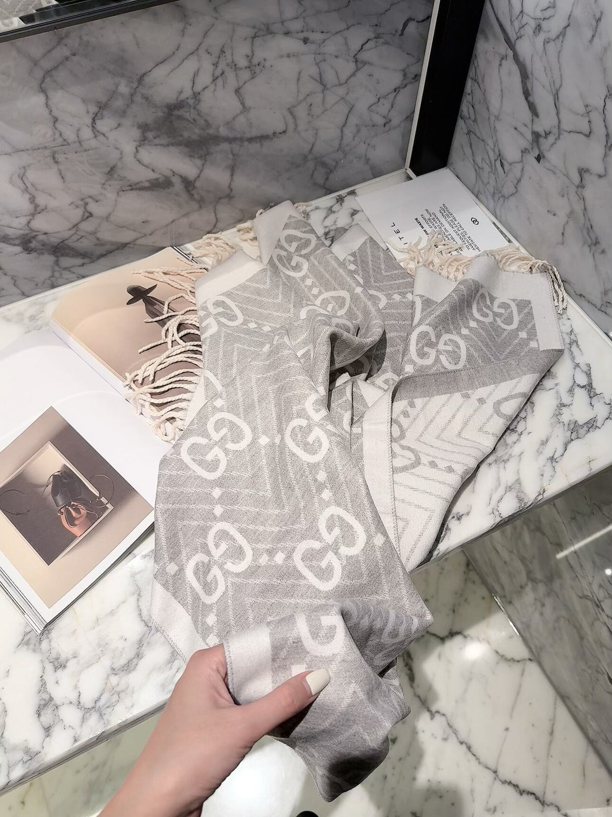 Gucci Style GG Herringbone Fringe Scarf