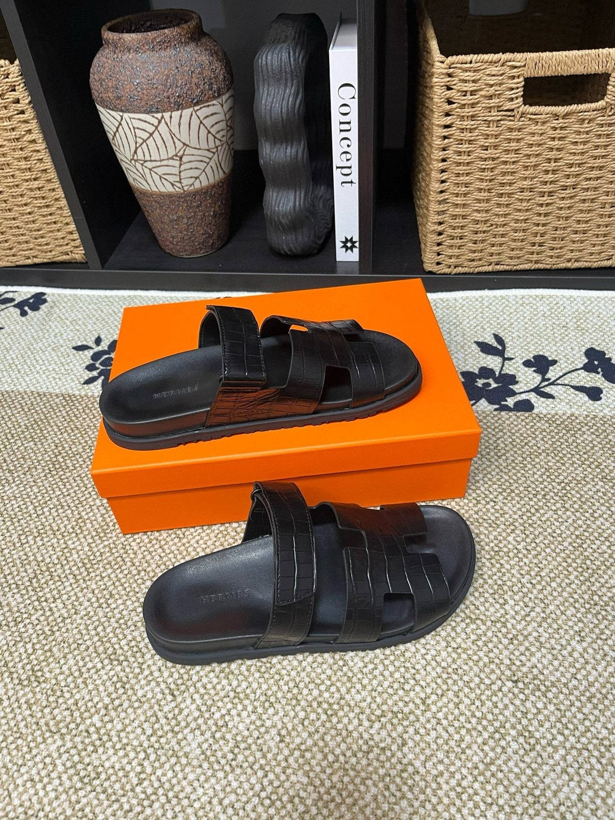 Hermes Men's Kazimir Black Slide Sandals