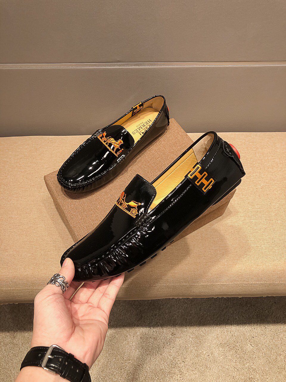 Hermès Black Glossy Hardware Loafers