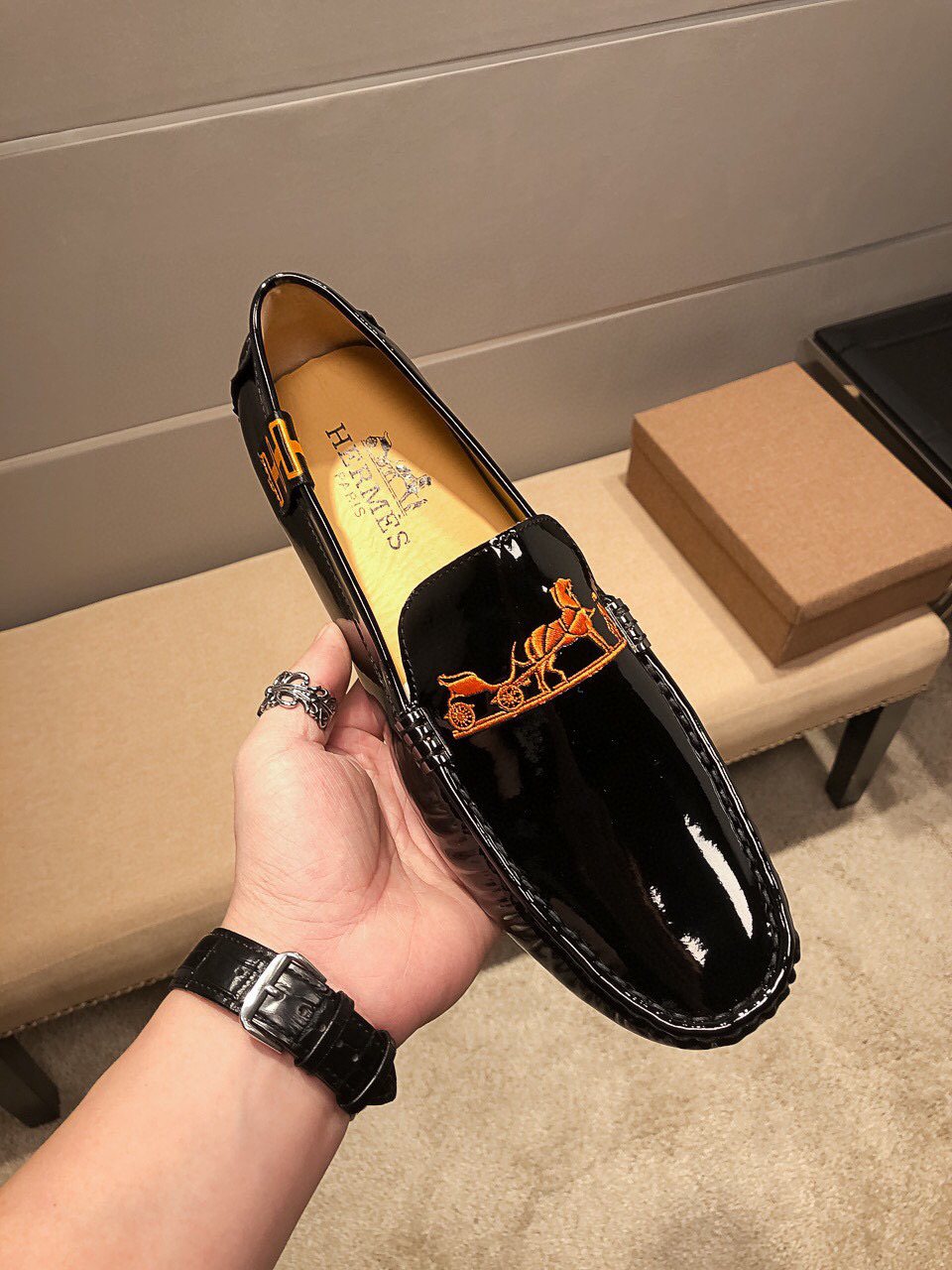 Hermès Black Glossy Hardware Loafers