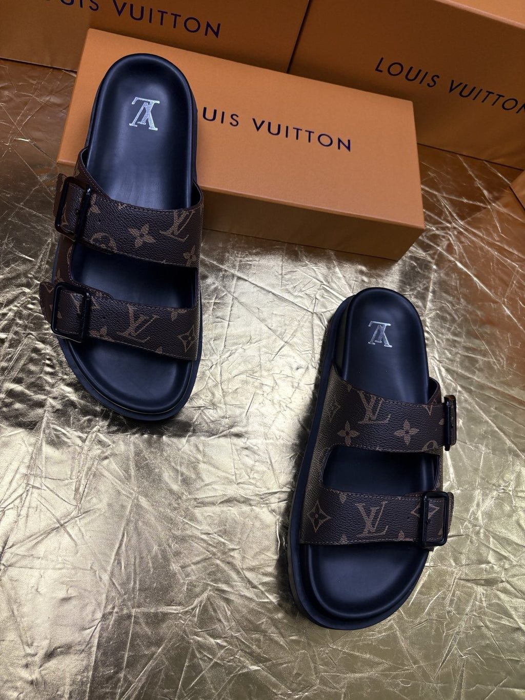 Louis Vuitton Monogram Double-Buckle Slide Sandals - Dark Brown and Black