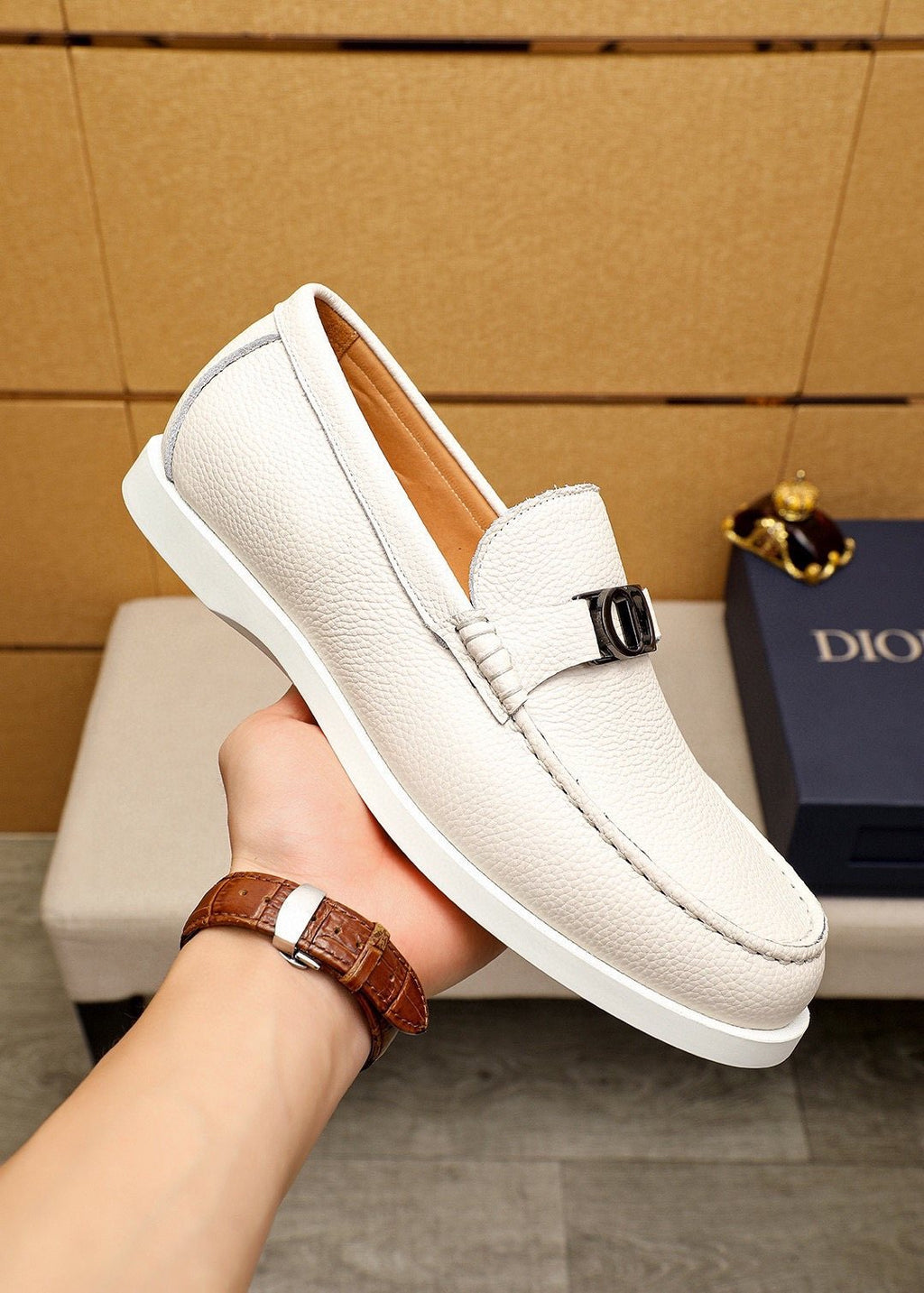 Dior Cream White Metal-Detail Loafers