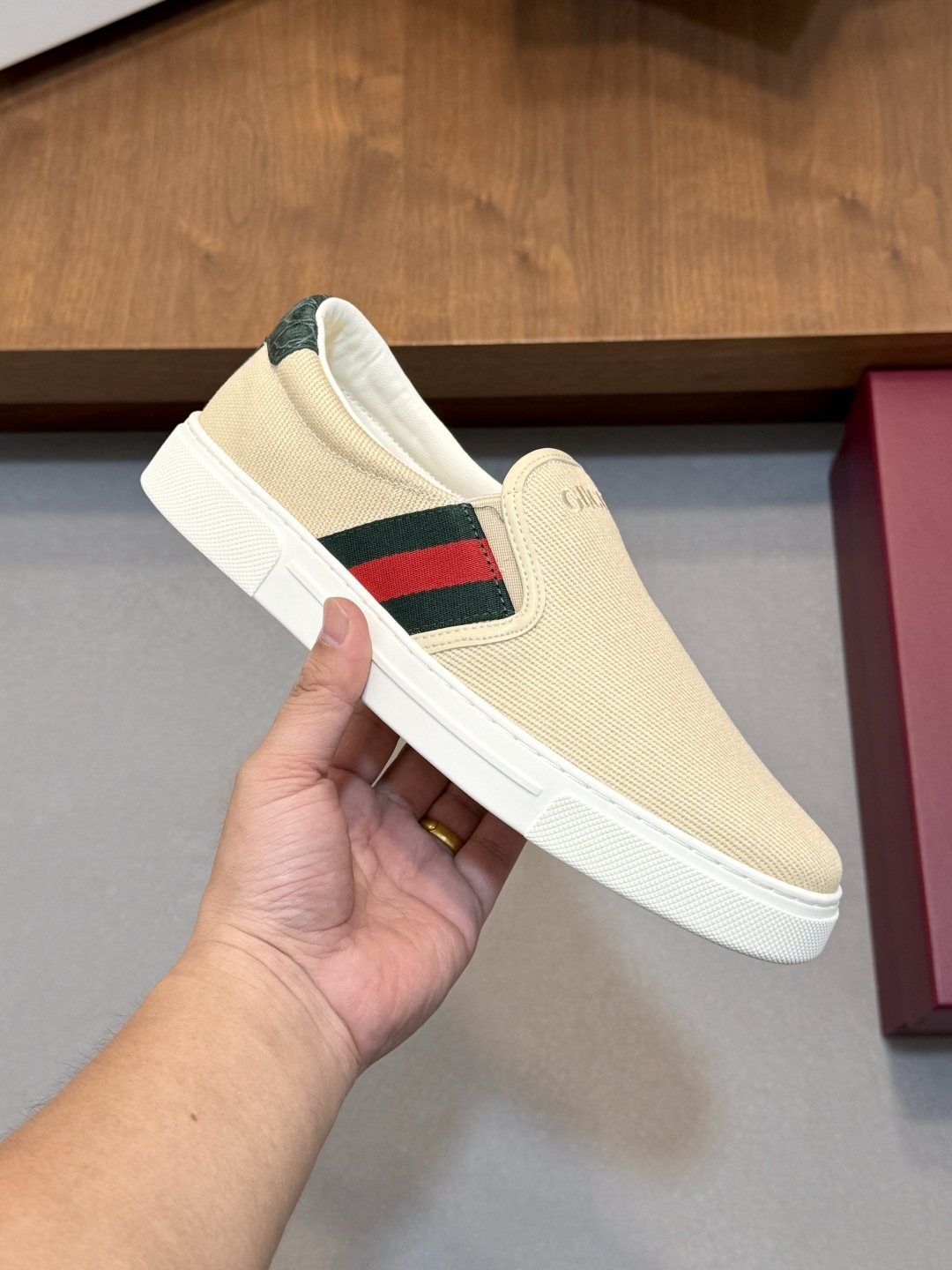 Gucci Beige Web Stripe Slip-On Sneakers