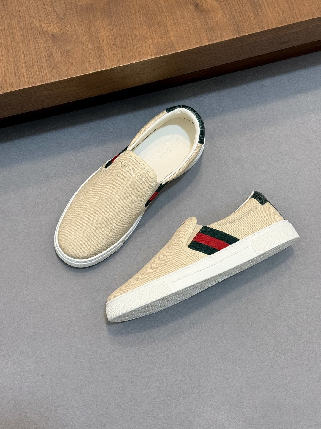 Gucci Beige Web Stripe Slip-On Sneakers