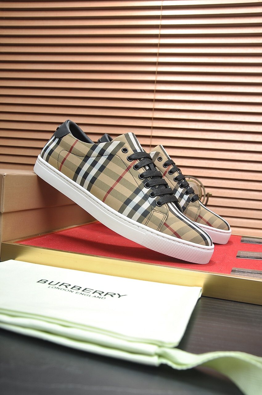 Burberry Tan Plaid Low-Top Sneakers - Tan Plaid Panel Design