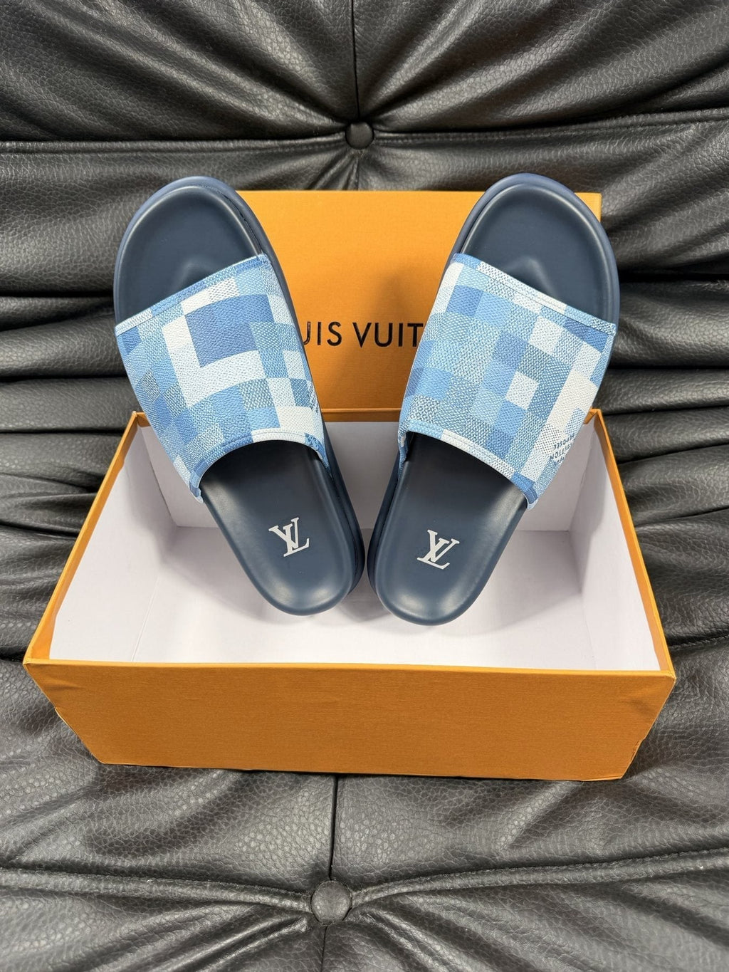Louis Vuitton Slate Blue Checkered Slide Sandals