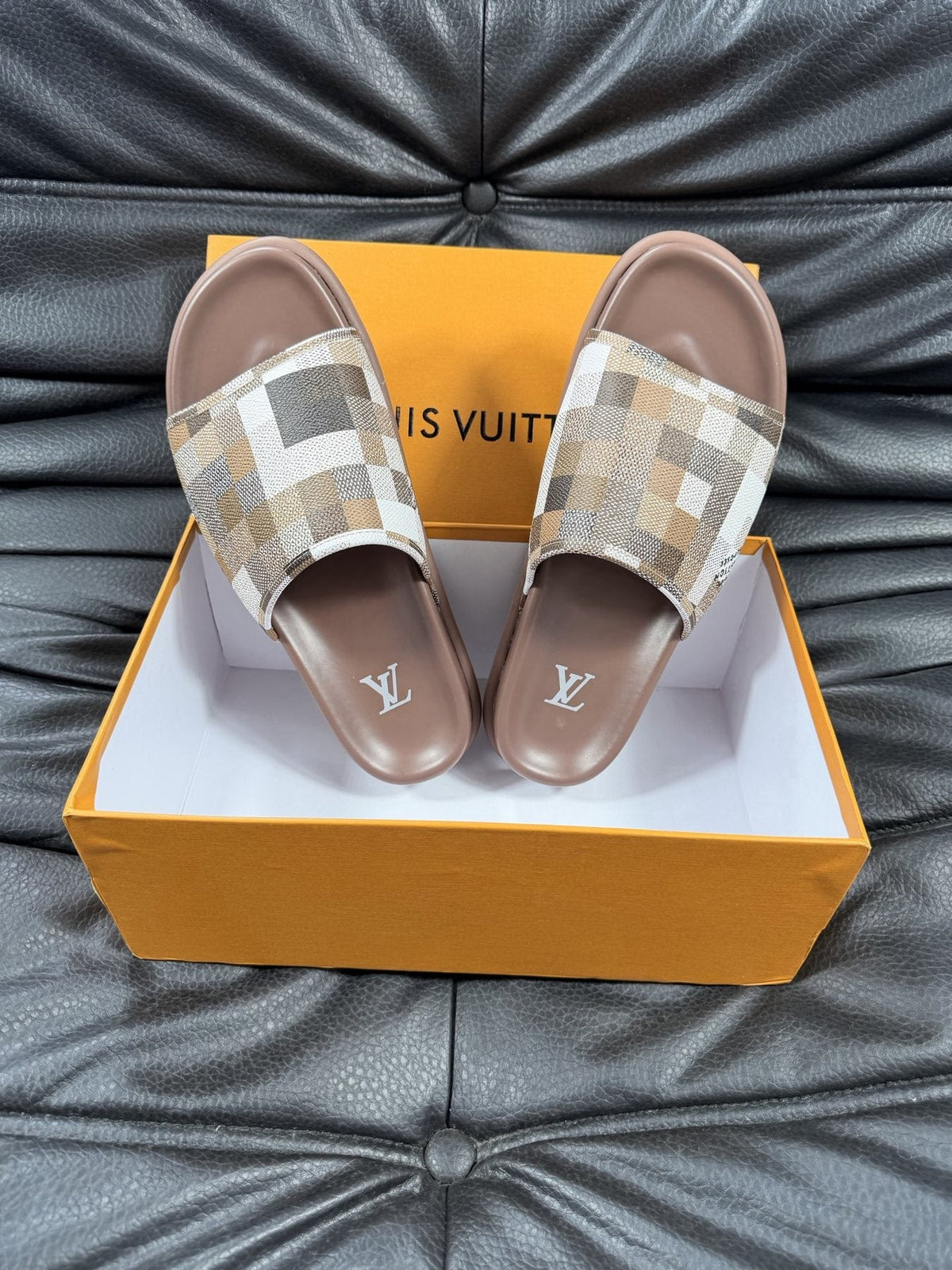 Louis Vuitton Slate Blue Checkered Slide Sandals