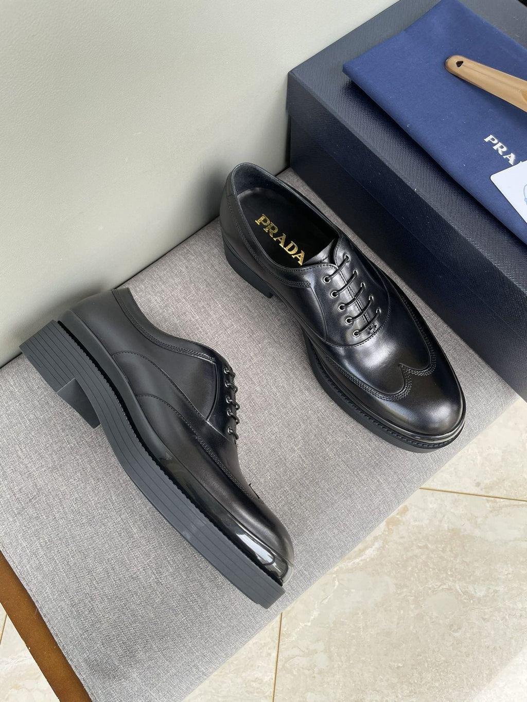 Prada Black Brogue Lace-Up Dress Shoes - Leather Lining